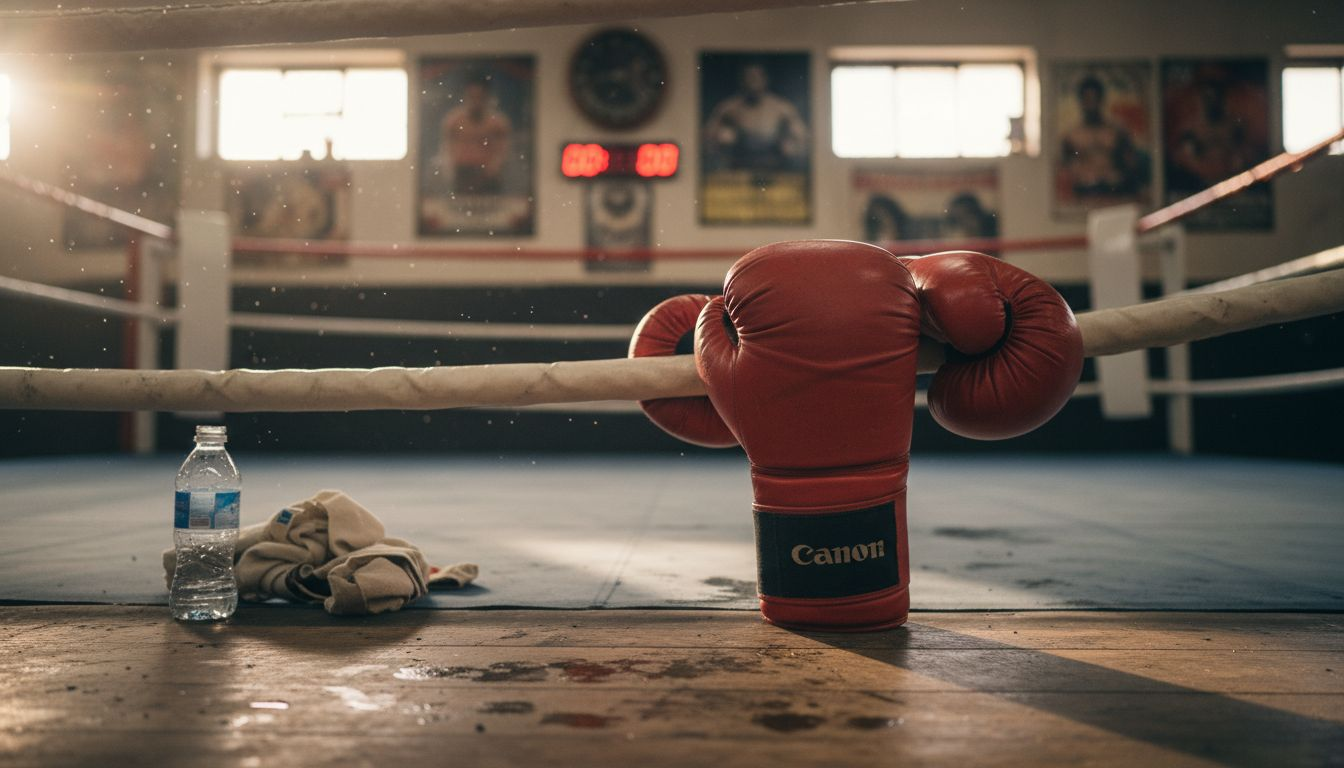 Sparring gloves on ropes in worn boxing ring