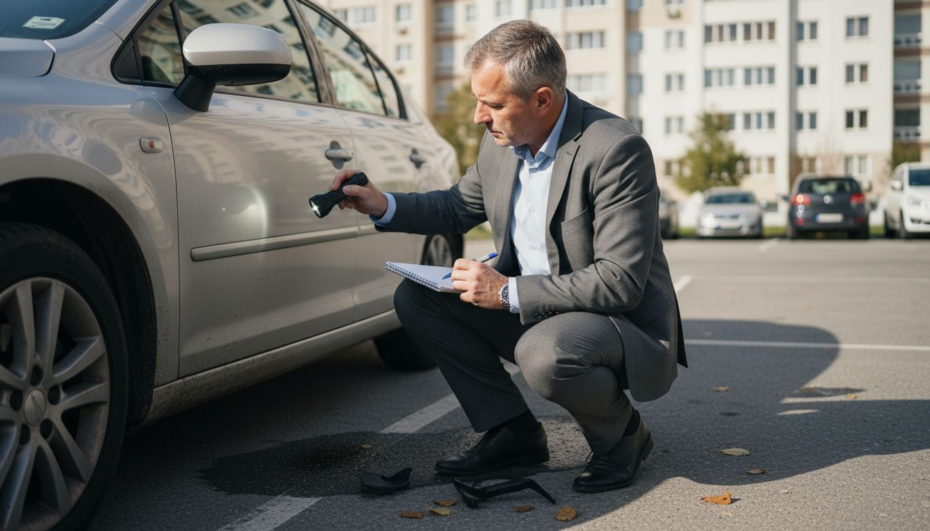 Procenitelj na parkingu beleži i fotografiše oštećenja na automobilu.