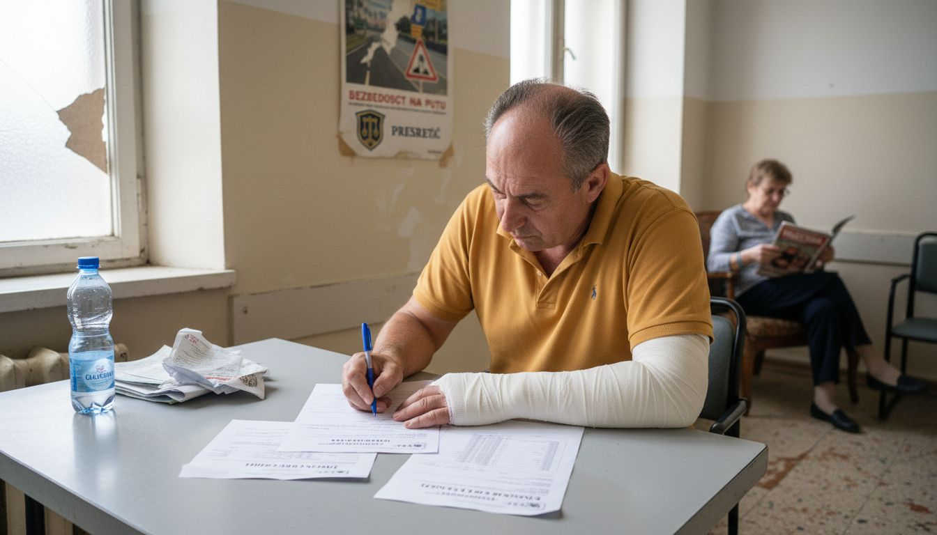 Povređeni muškarac popunjava dokumentaciju o nezgodi u ambulanti.