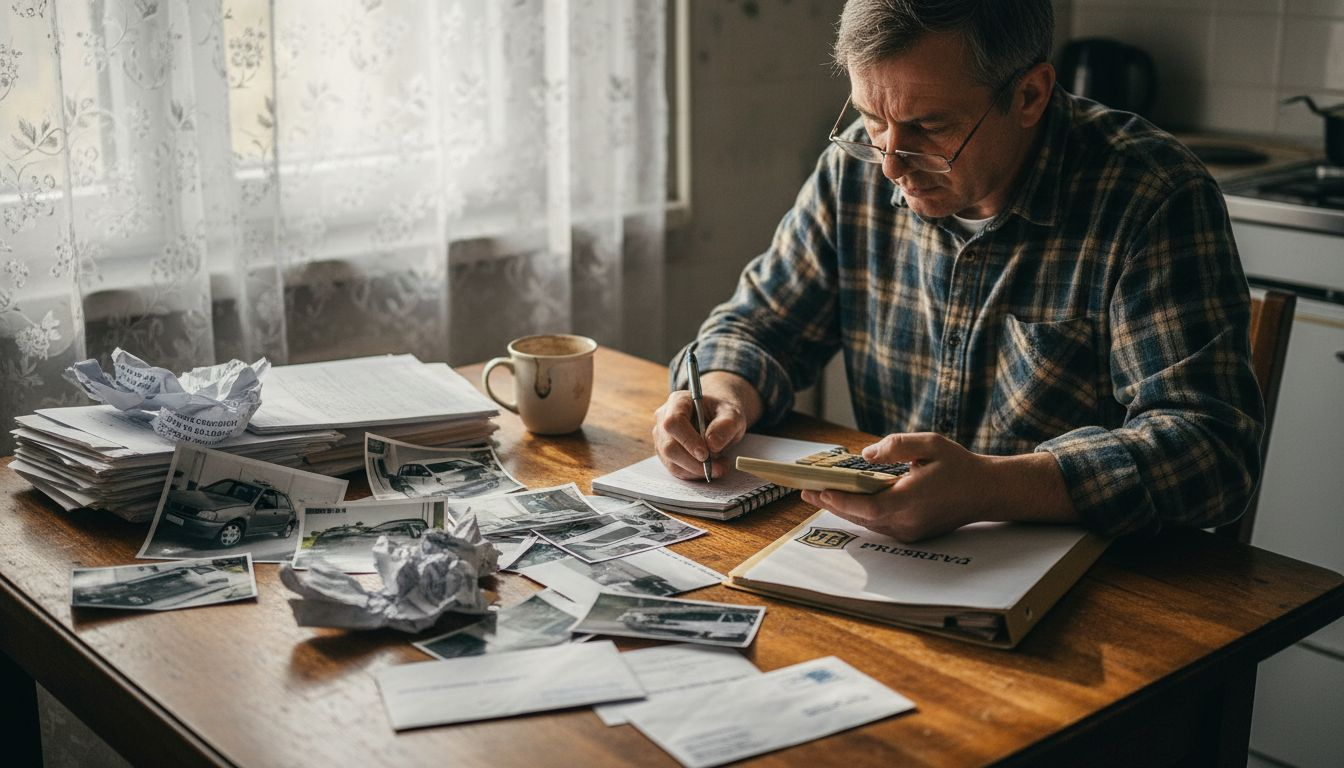 Muškarac sedi za kuhinjskim stolom i sređuje papire vezane za saobraćajnu nezgodu.