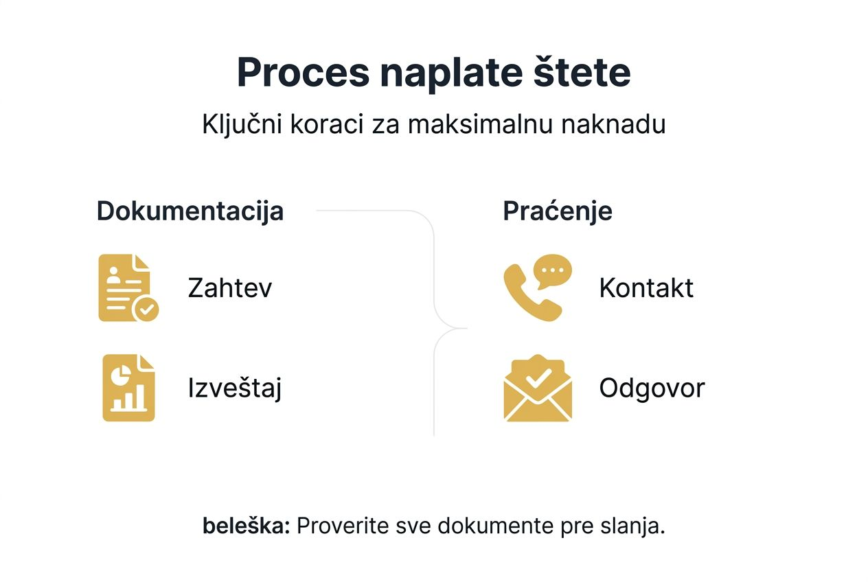 Vizuelni prikaz koraka u postupku naplate štete – sve što treba da znate, jasno i pregledno.