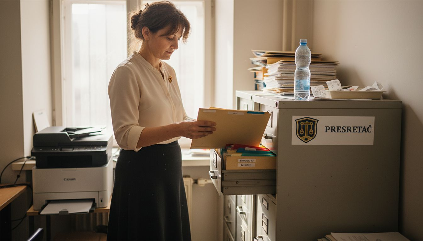 Žena pažljivo sređuje dokumentaciju u advokatskoj kancelariji, vodeći računa da svaki papir bude na svom mestu.