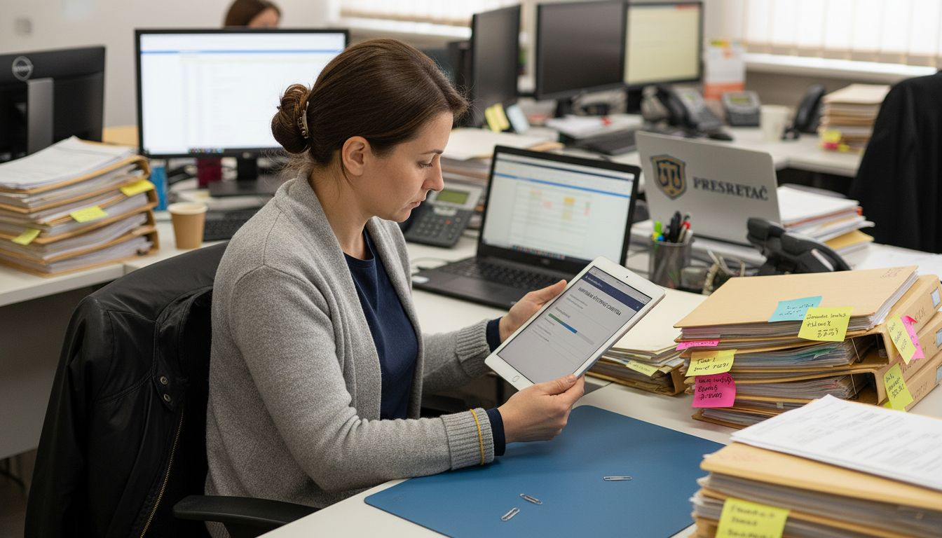 Žena proverava status zahteva putem računara u prepunoj kancelariji.
