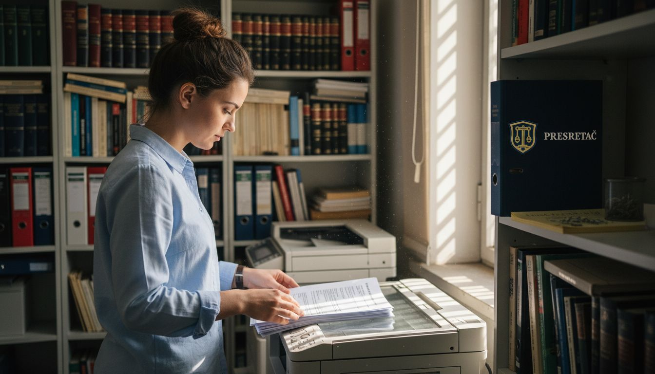 Pravni asistent umnožava dokumentaciju za odštetni zahtev nakon saobraćajne nezgode.