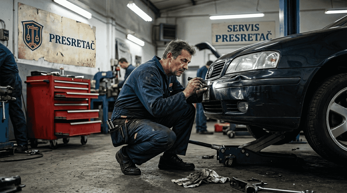 Mehaničar pažljivo pregleda oštećeni branik automobila u radionici.