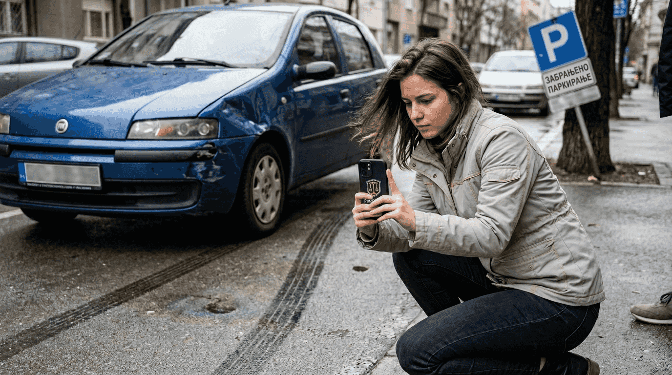 Žena fotografiše oštećenja na automobilu nakon saobraćajne nezgode.
