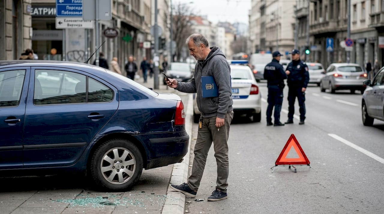 Vozač fotografiše oštećenja na automobilu posle saobraćajne nezgode radi evidencije.