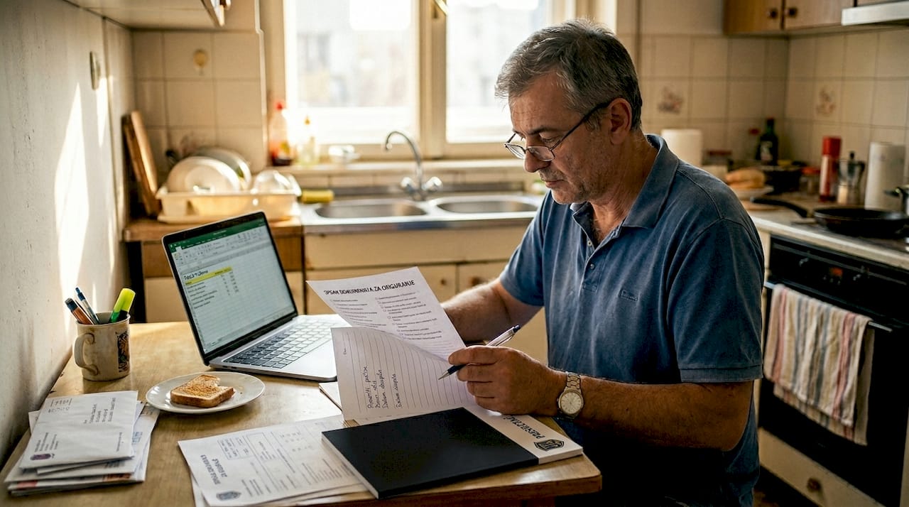 Muškarac sedi za kuhinjskim stolom i pažljivo proučava pravnu dokumentaciju.