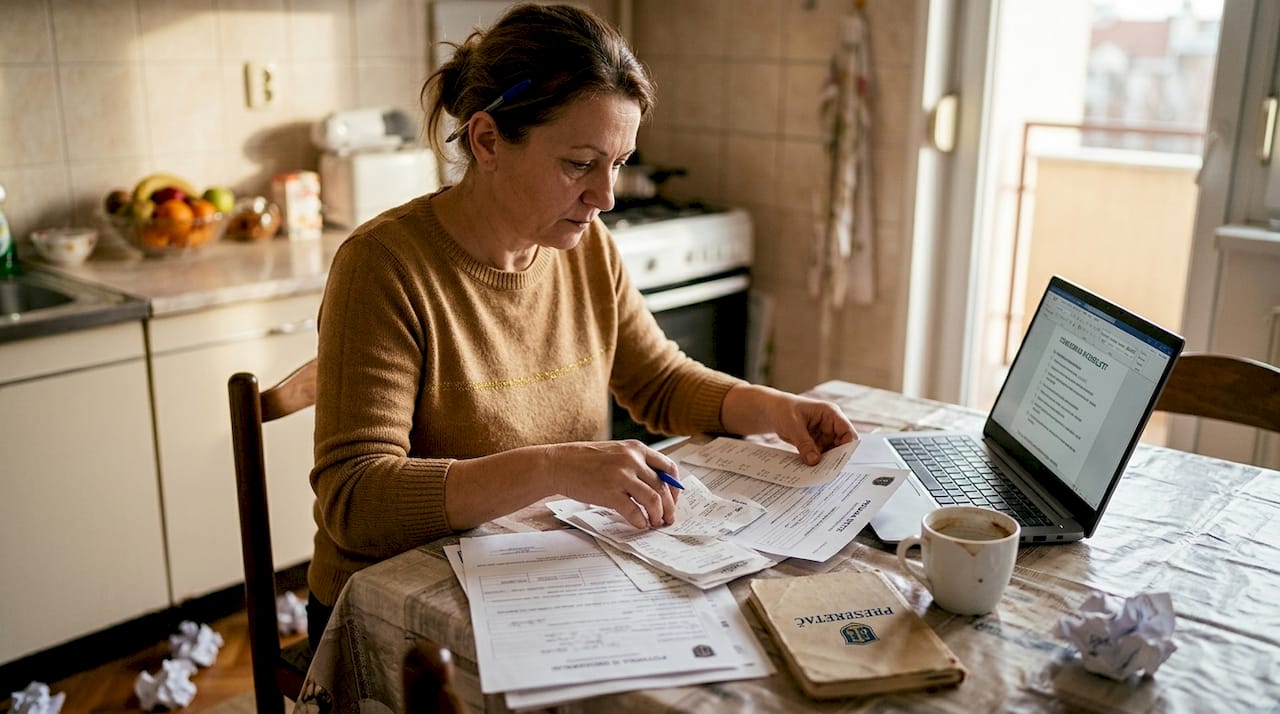 Žena prikuplja potrebnu dokumentaciju kako bi podnela zahtev za osiguranje.