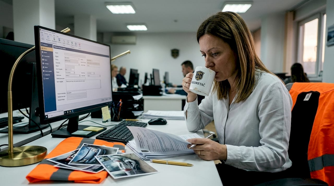 Zaposlena u osiguranju pažljivo proučava papire vezane za saobraćajnu štetu.
