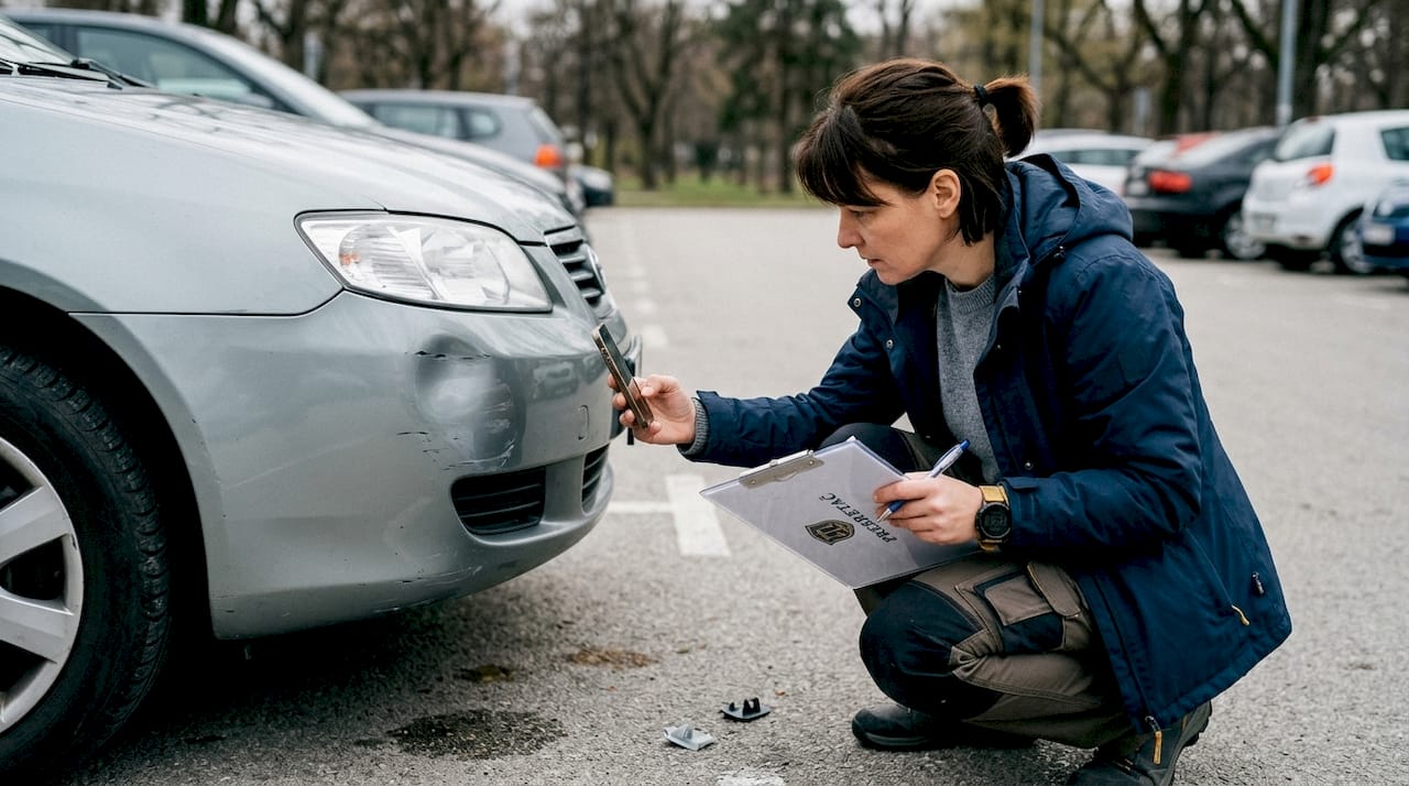 Procenač štete detaljno pregleda automobil oštećen u udesu.
