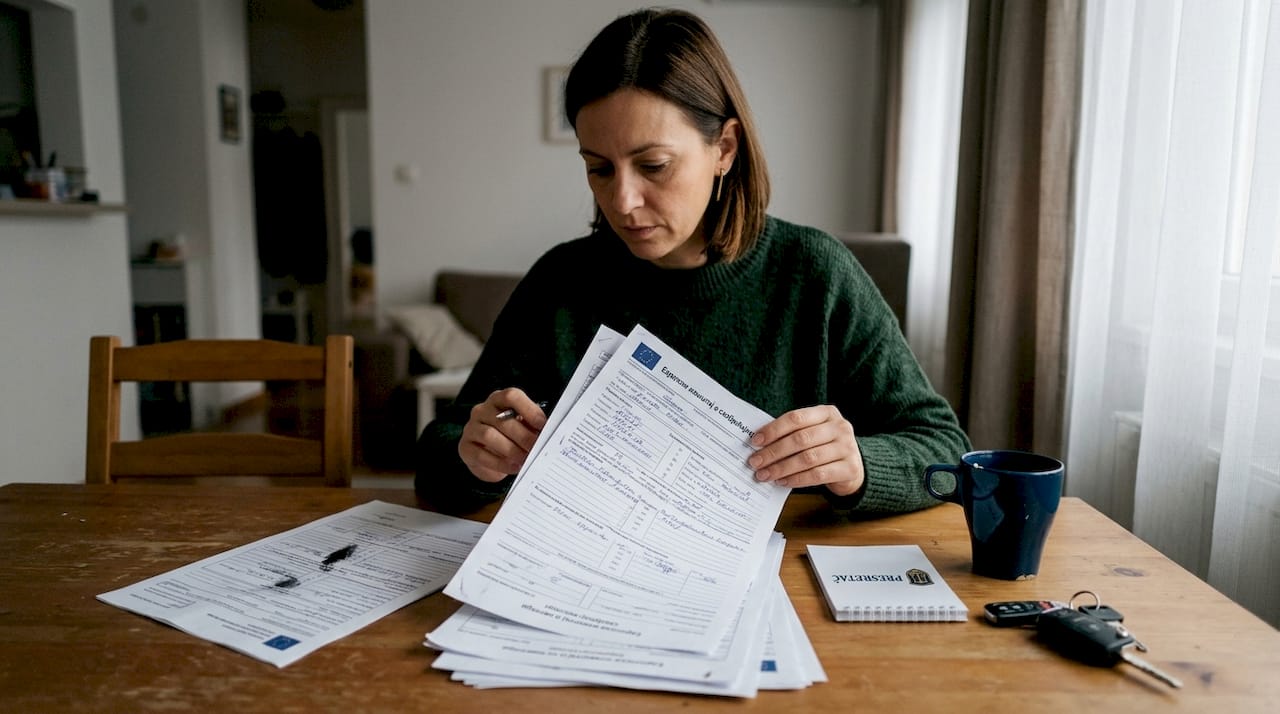 Žena sređuje papirologiju nakon saobraćajne nezgode.
