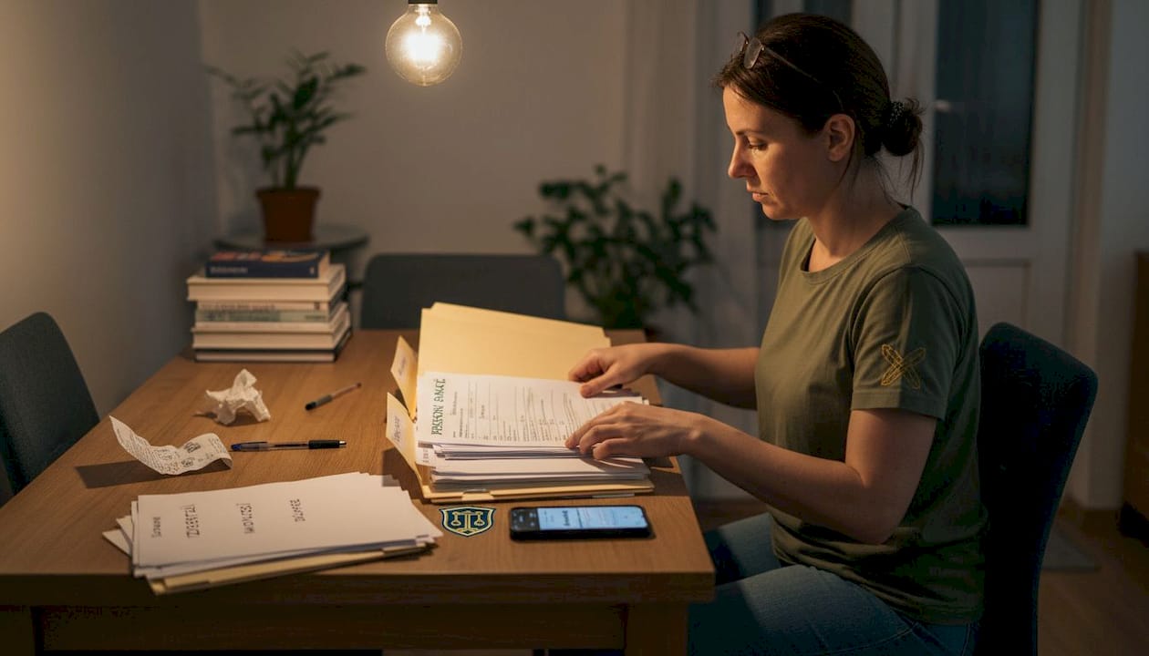 Žena sređuje papire potrebne za prijavu odštetnog zahteva nakon nezgode.