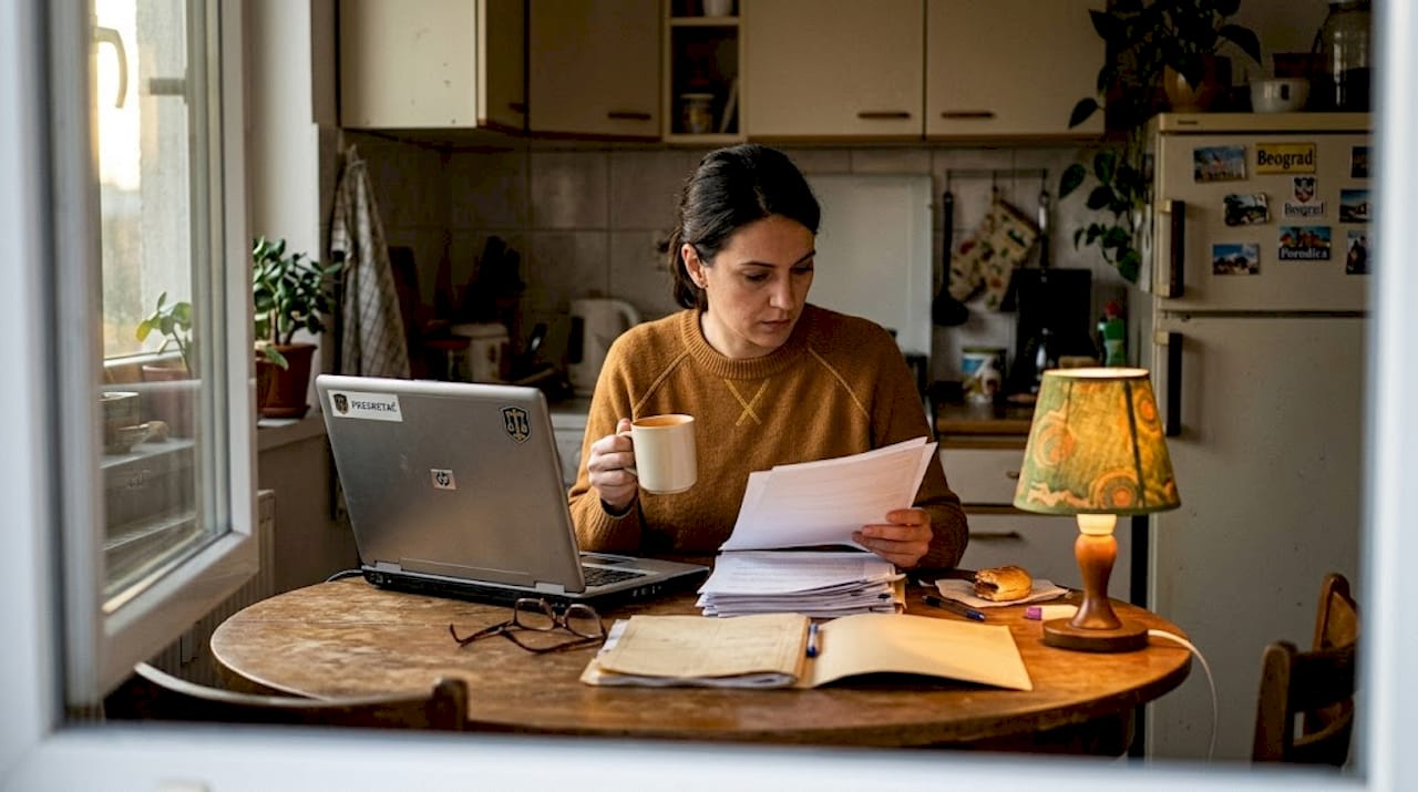 Žena sređuje i organizuje dokumenta na policama u kuhinji.