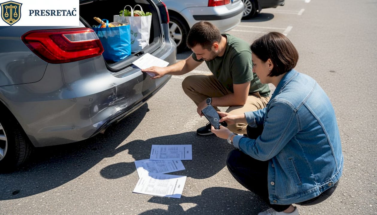 Ljudi stoje pored automobila na parkingu i upoređuju izveštaje o saobraćajki.