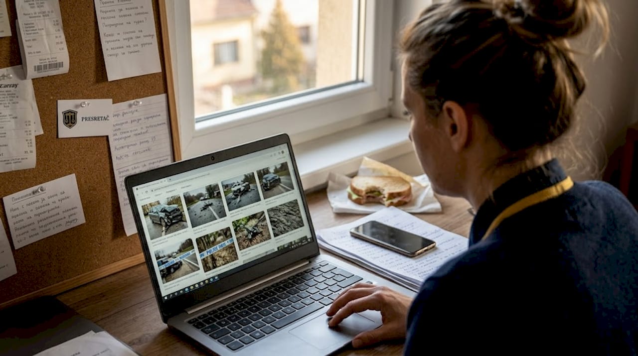 Žena pregledava fotografije sa udesa za svojim radnim stolom kod kuće.