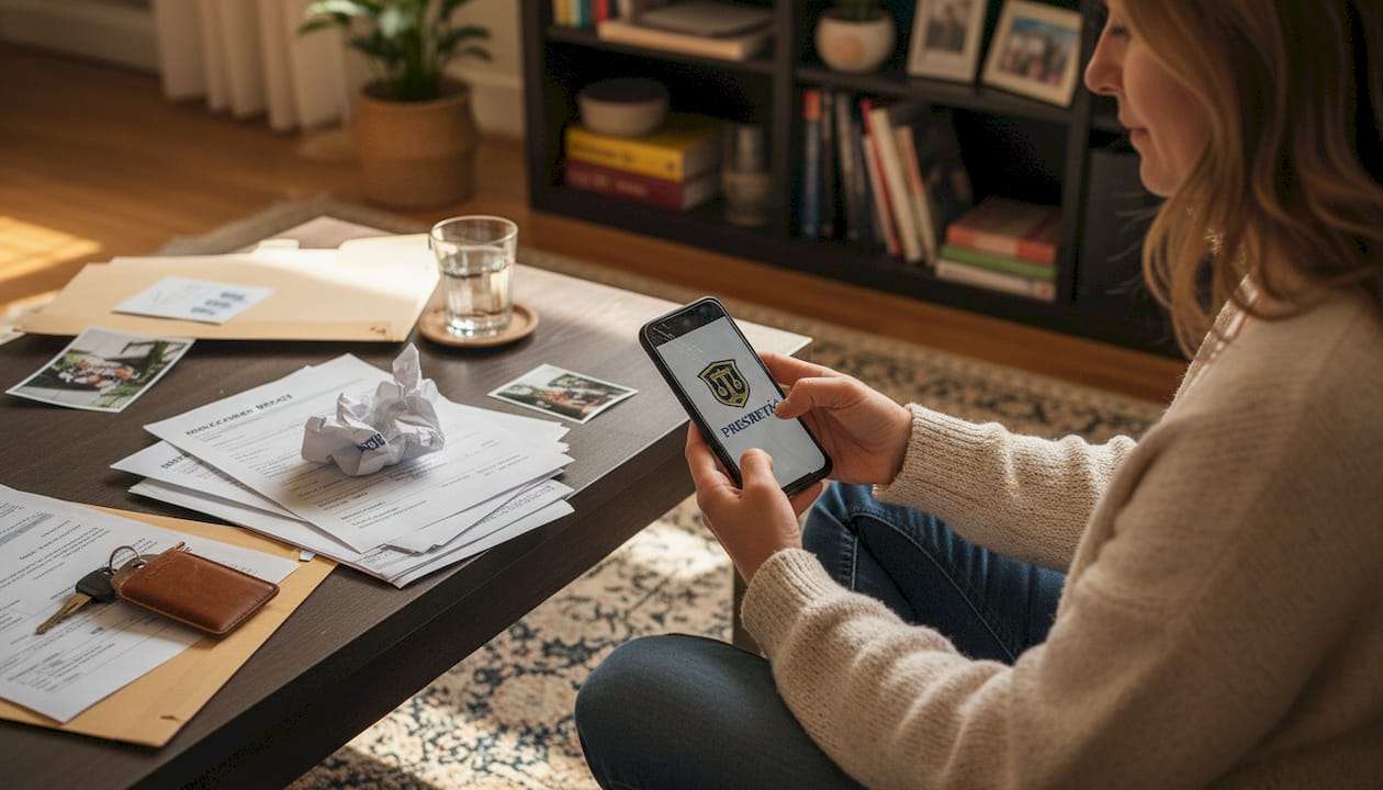 Žena sedi u dnevnoj sobi i popunjava papire vezane za saobraćajnu nezgodu.