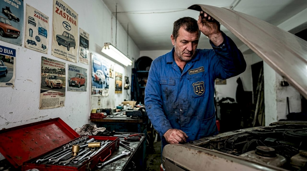 Majstor podiže haubu na autu dok radi u radionici.