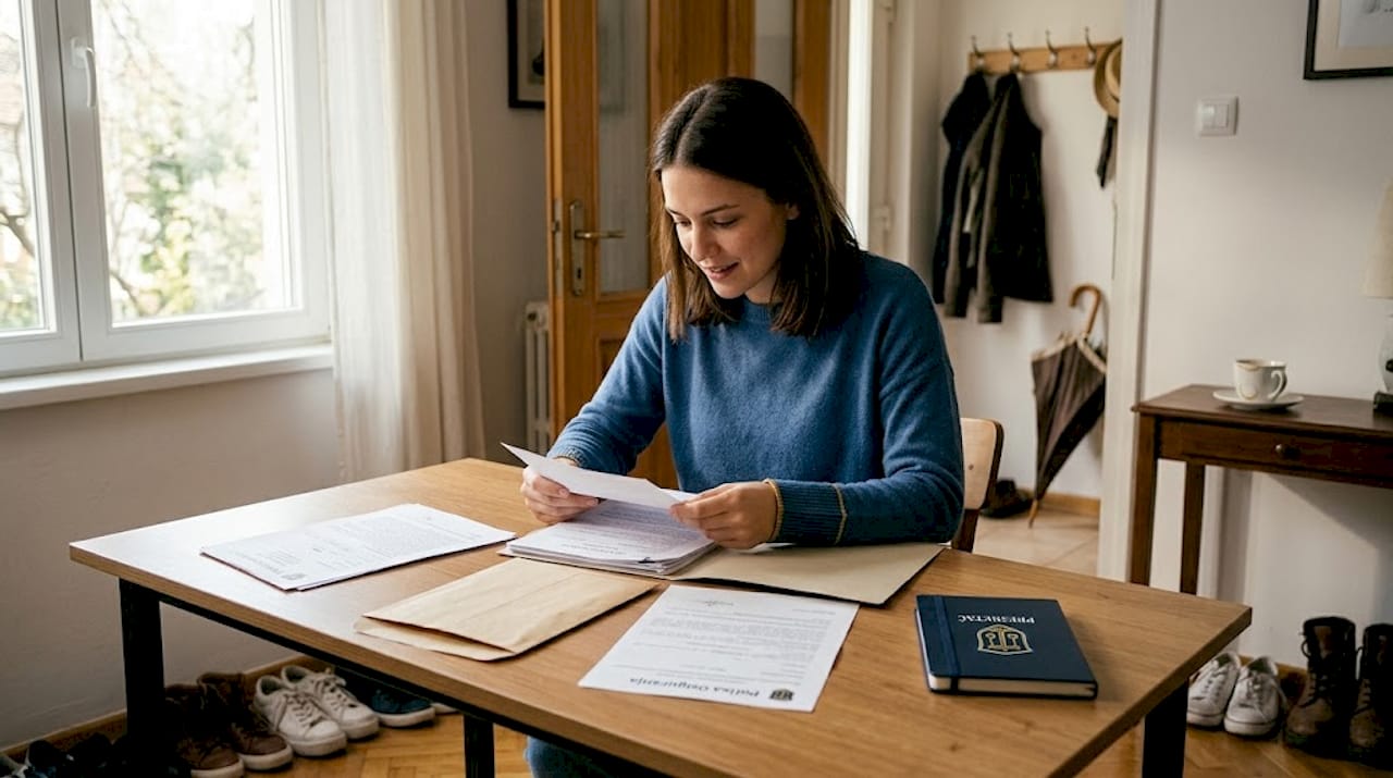 Žena pažljivo pregledava papire vezane za osiguranje.