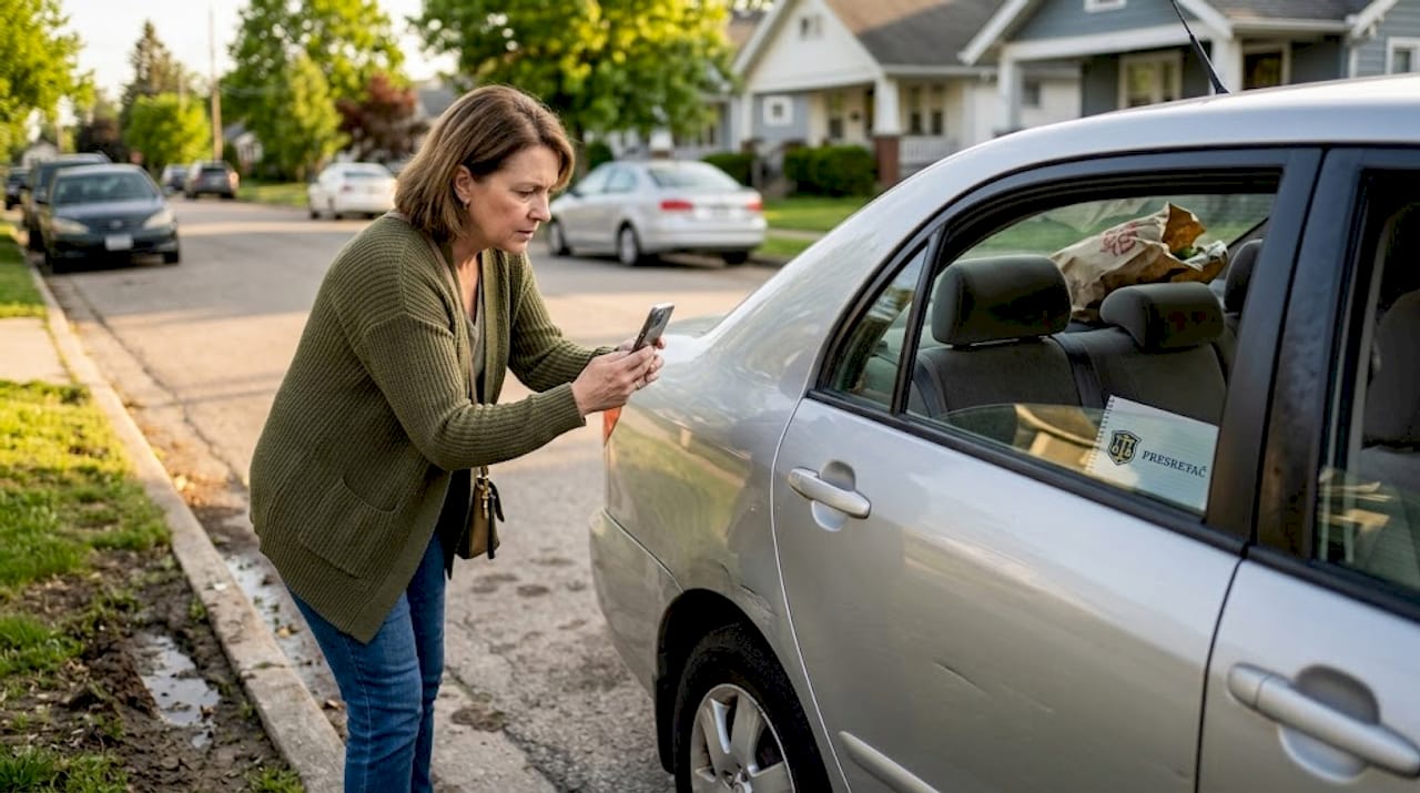 Žena fotografiše oštećenje na automobilu nakon saobraćajne nezgode.