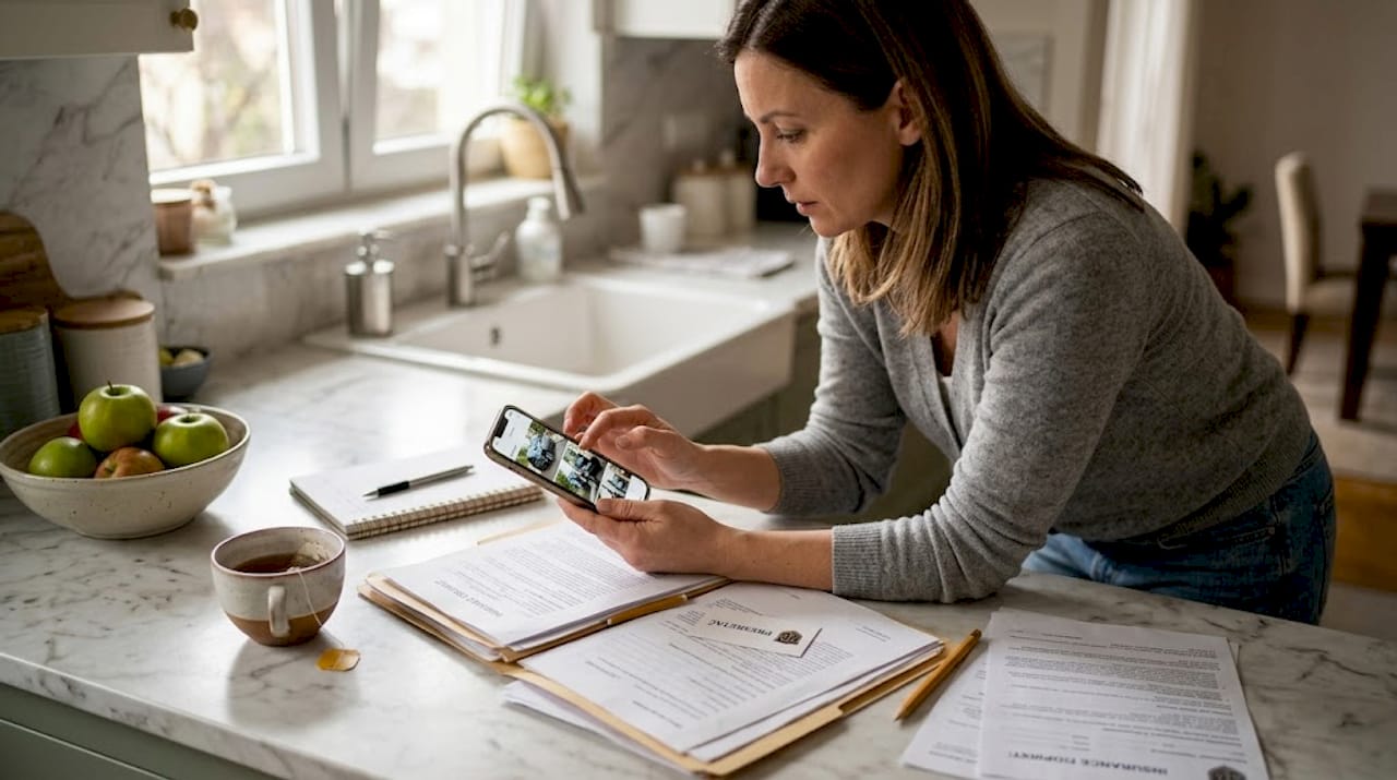 Žena sedi za kuhinjskim stolom i razvrstava papire od osiguranja.