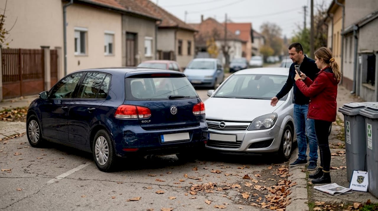 Na gradskom asfaltu, dva automobila su se blago sudarila – bez veće štete i povređenih, vozači su izašli da razmene podatke dok prolaznici znatiželjno posmatraju šta se dešava.