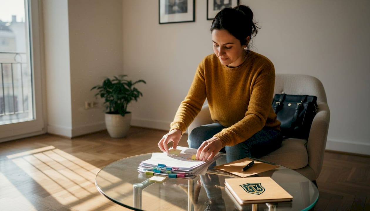 Žena sređuje papire potrebne za prijavu osiguranja.