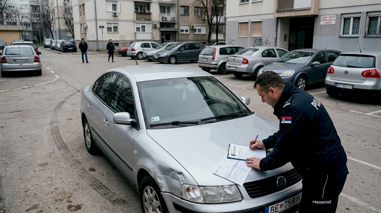 Policajac vodi razgovor sa vlasnikom vozila koje je pretrpelo štetu.