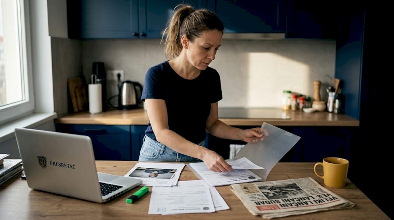 Žena prikuplja i sređuje dokumentaciju koju će koristiti kao dokaze na sudu.