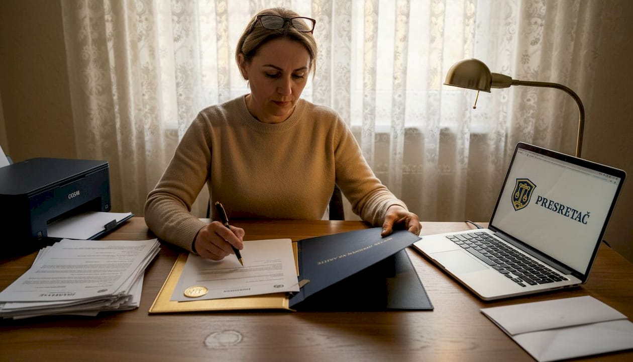 Žena sređuje papire za osiguranje za kuhinjskim stolom.