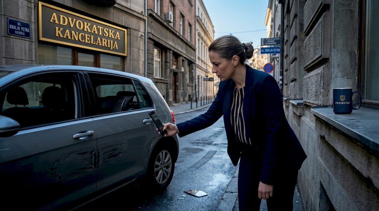 Žena mobilnim telefonom slika oštećenje na automobilu posle saobraćajne nezgode.