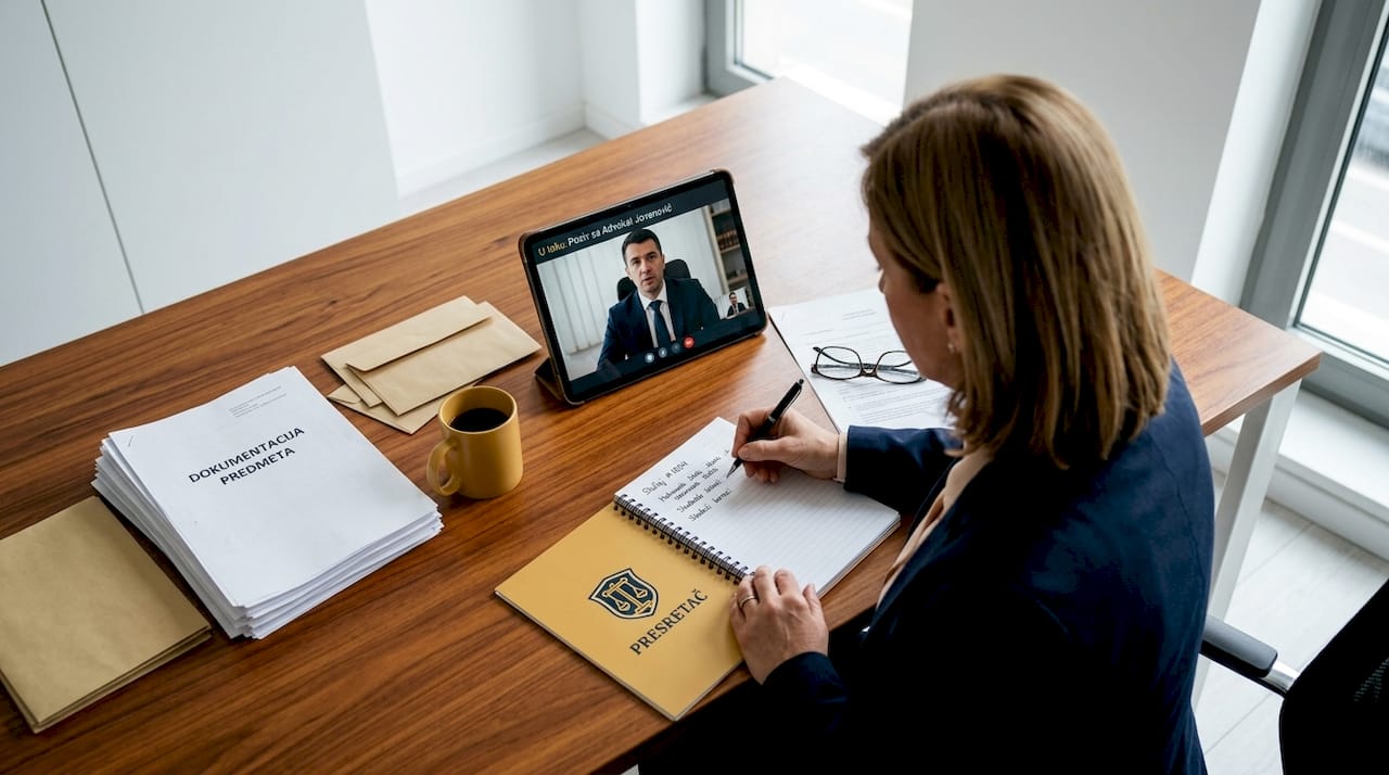 Klijent pažljivo zapisuje beleške tokom video poziva sa advokatom.