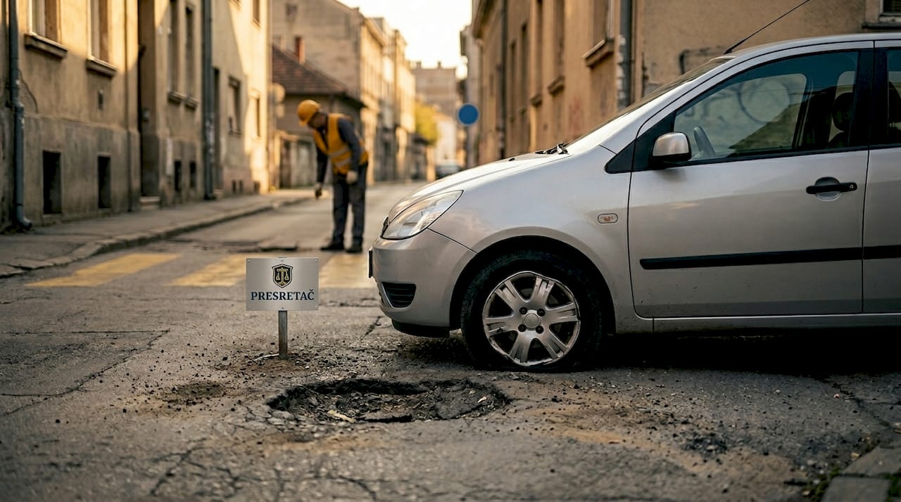 Automobil je oštetio točak zbog rupe na gradskom putu.