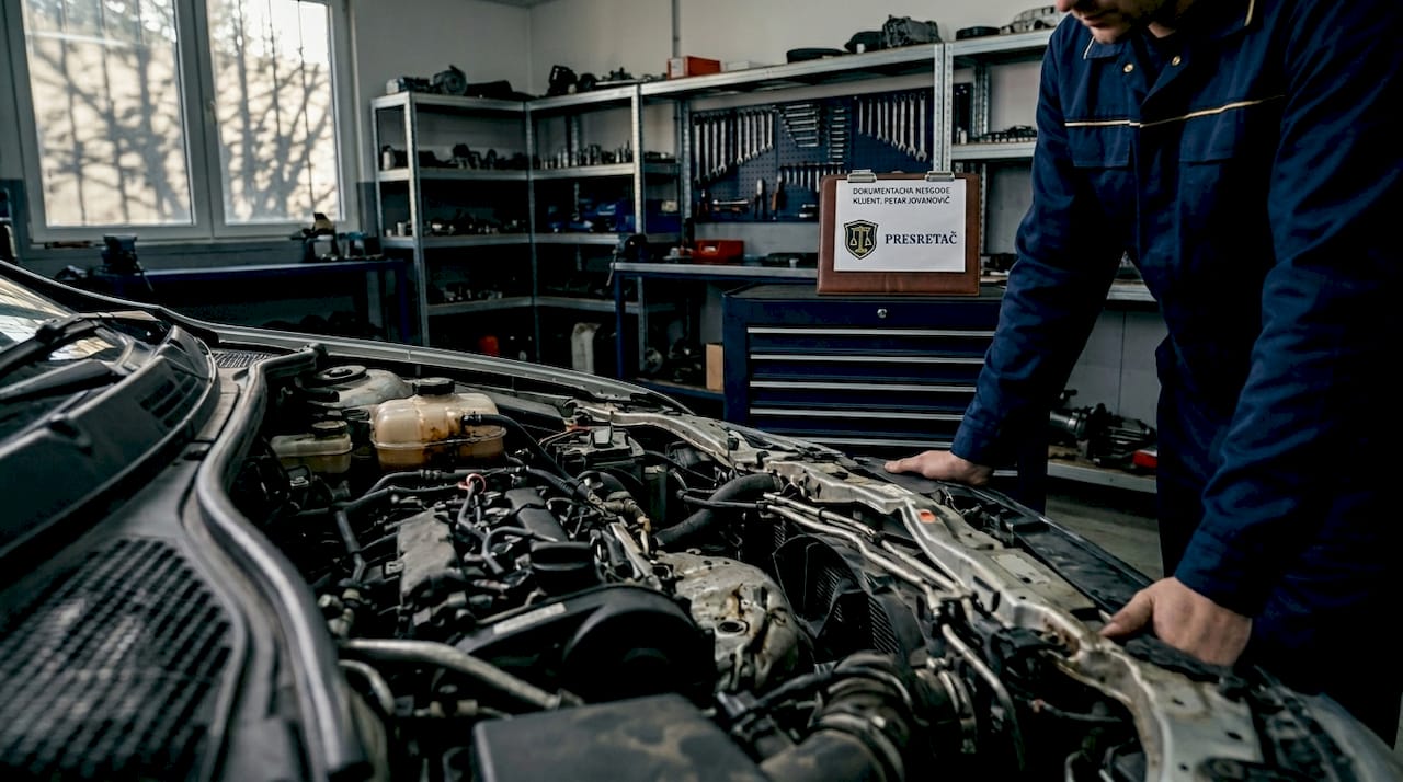 Detaljan prikaz oštećenih delova motora automobila