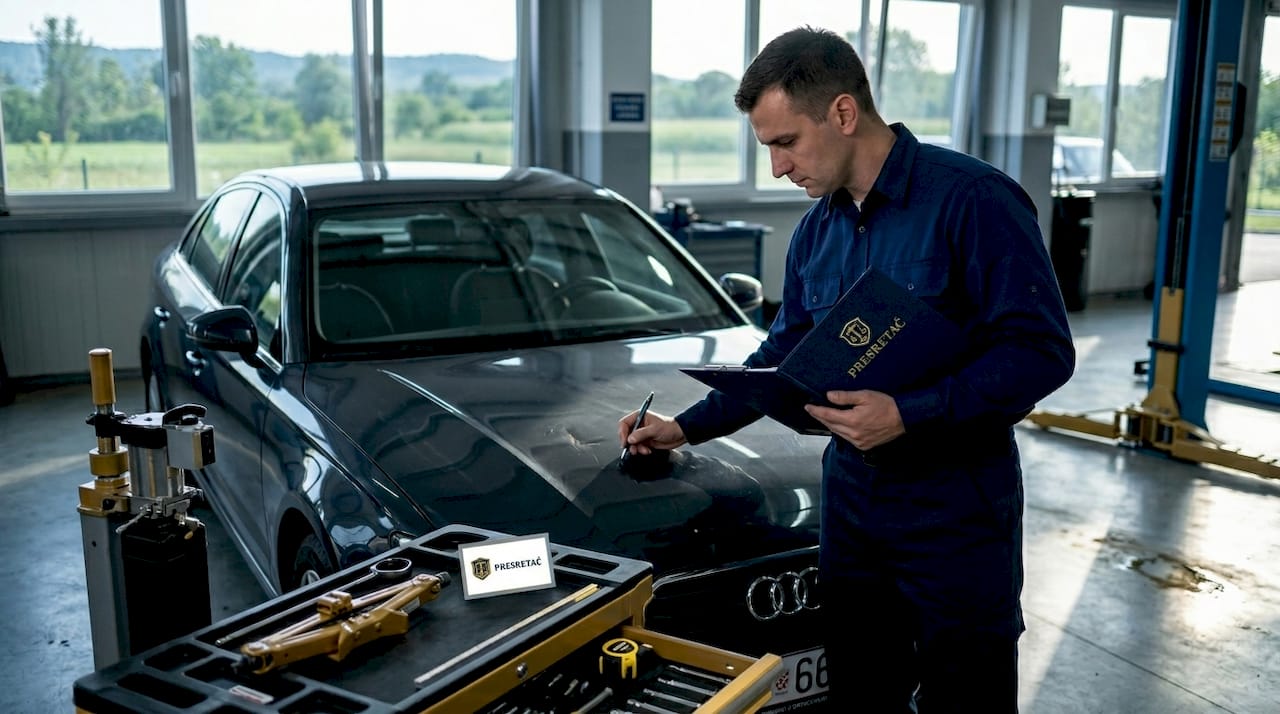 Procenioc pregledava oštećenja na automobilu u radionici.