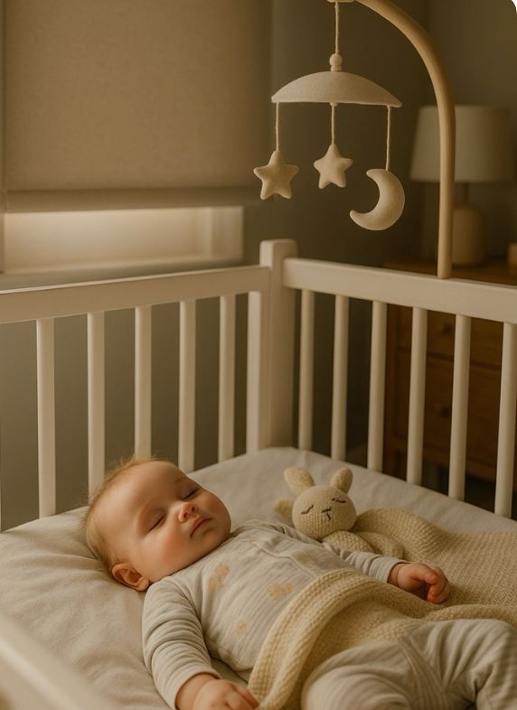 Baby sleeping peacefully in a softly lit nursery with roller blinds from custom blinds