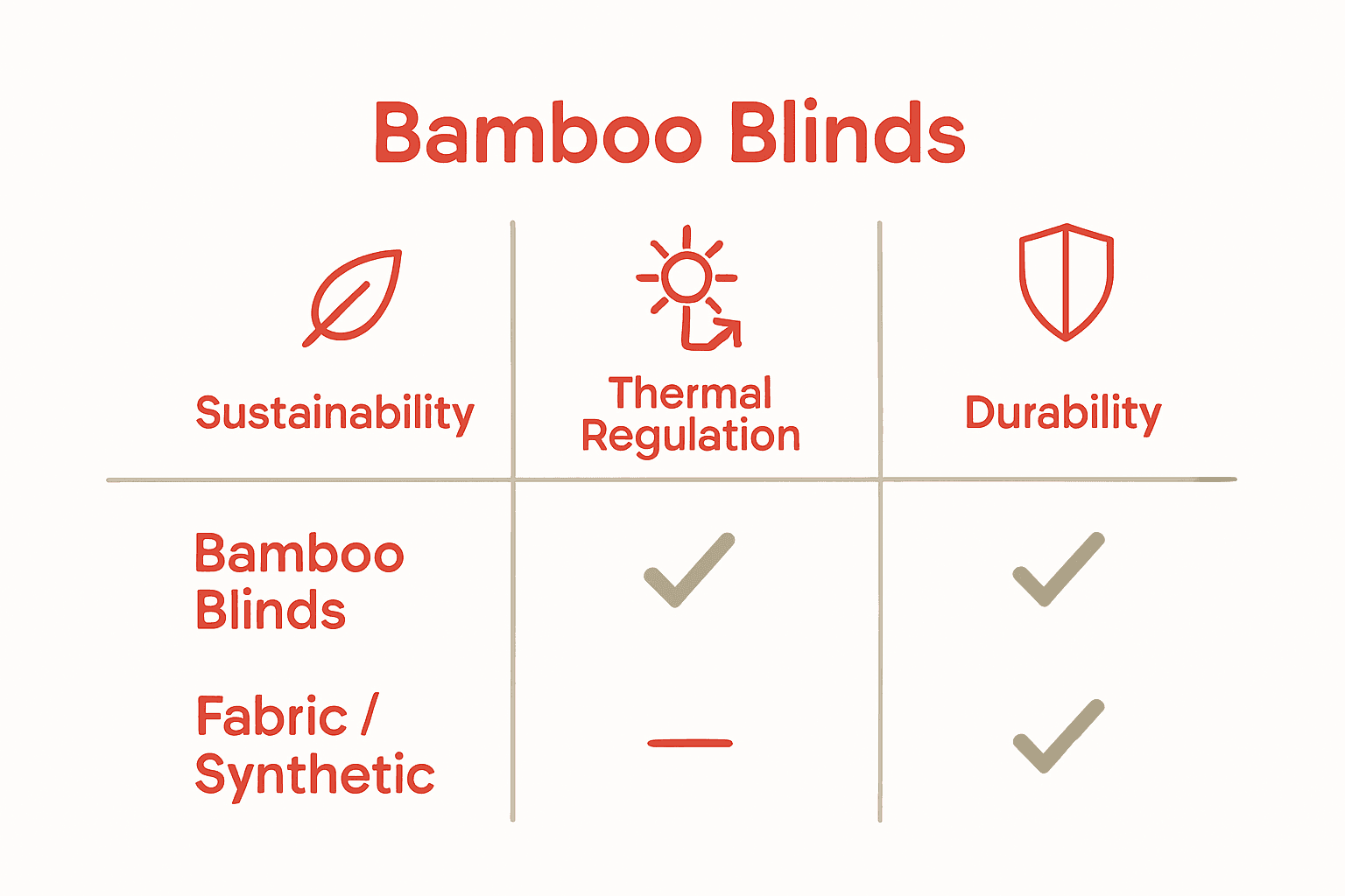 Infographic comparing bamboo, fabric, and synthetic blinds by benefits