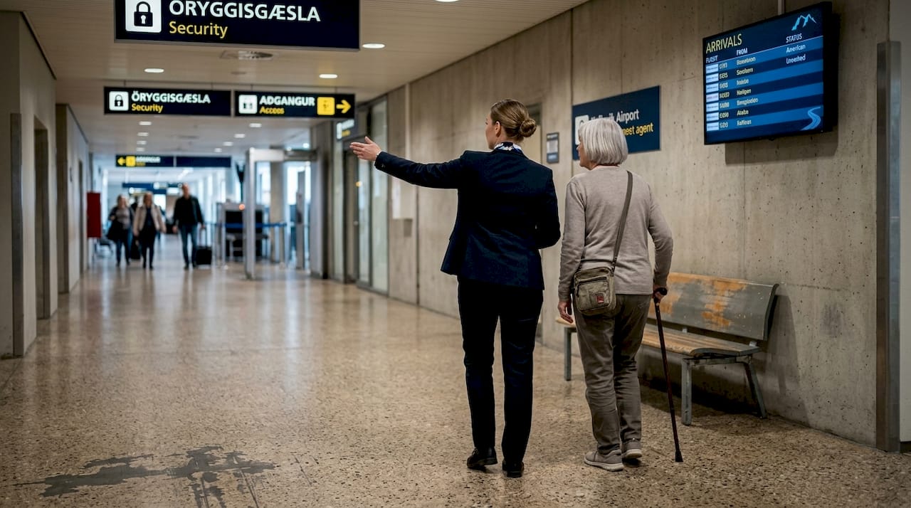Agent guides senior traveler in airport corridor