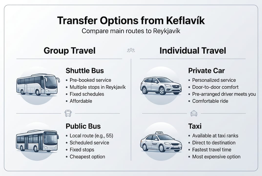 Infographic showing Keflavík to Reykjavík transfer types