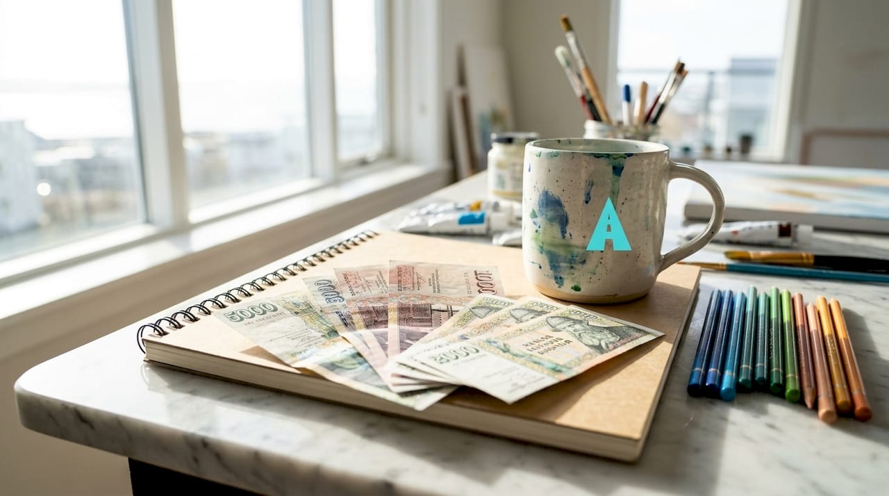 Icelandic króna currency notes on café table