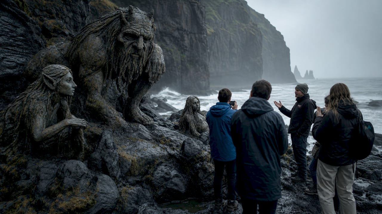 Icelandic landscape with mythological creature sculptures