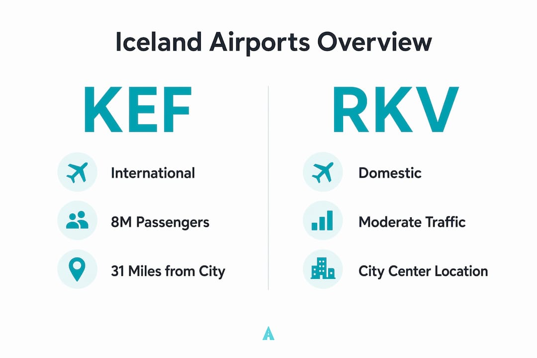 Infographic comparing Keflavík (KEF) and Reykjavik (RKV) airports