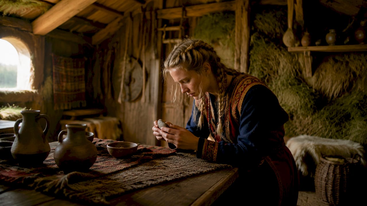 Woman examining artifact inside Viking turf house