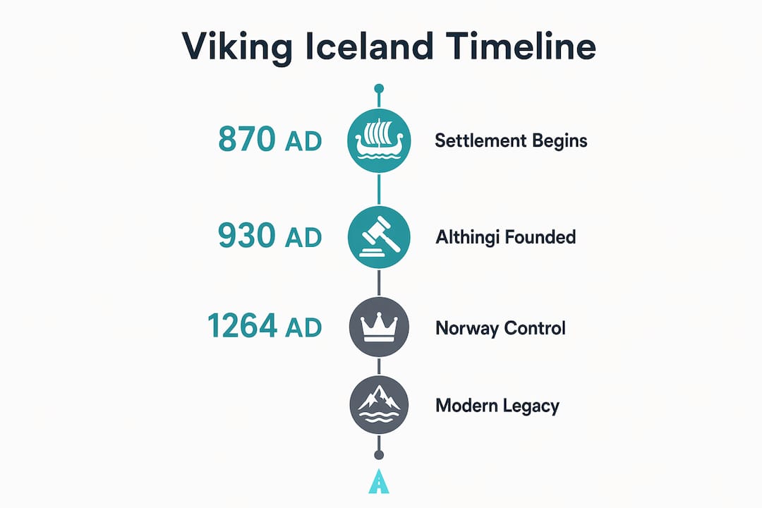 Infographic timeline of Viking settlement and cultural impact in Iceland