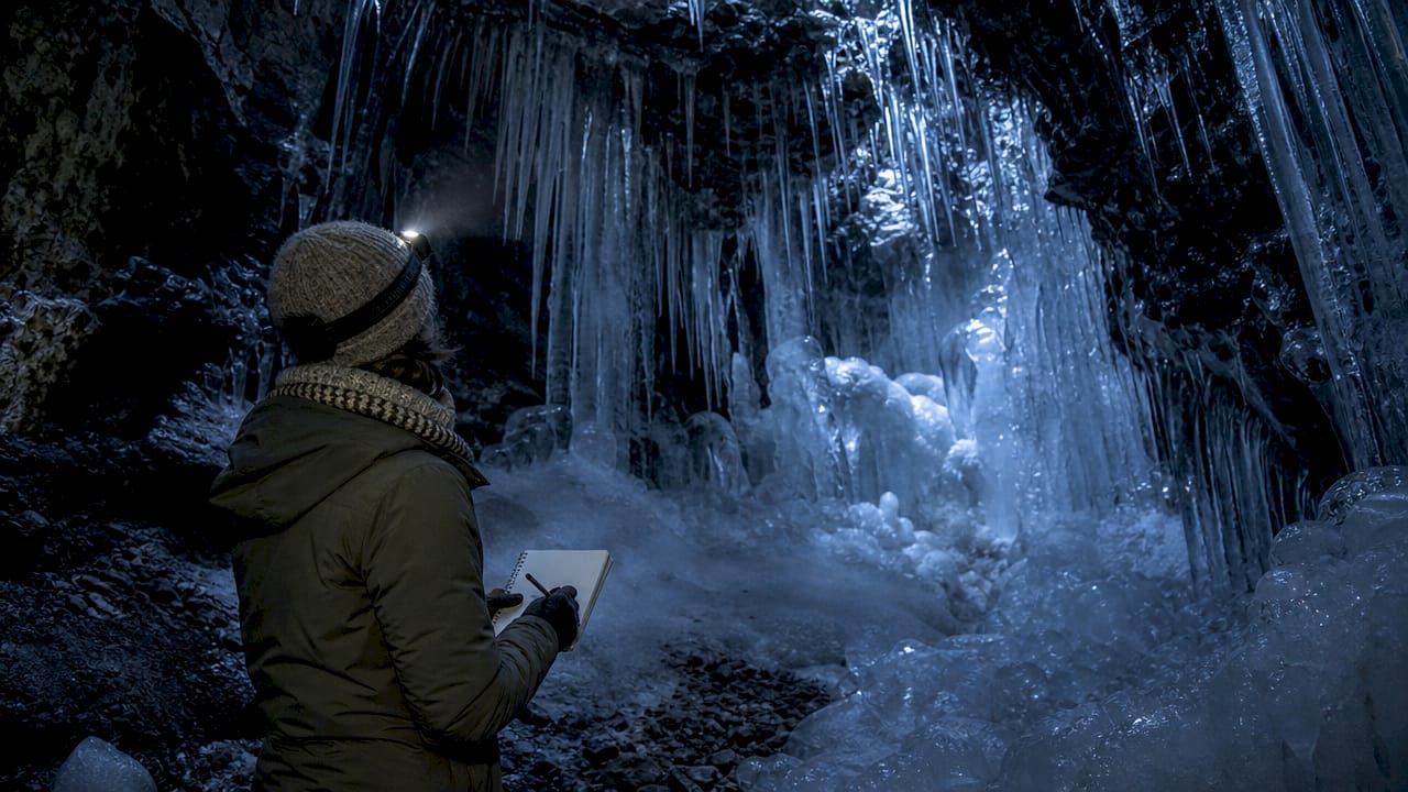 Close-up of icy formations inside lava tunnel