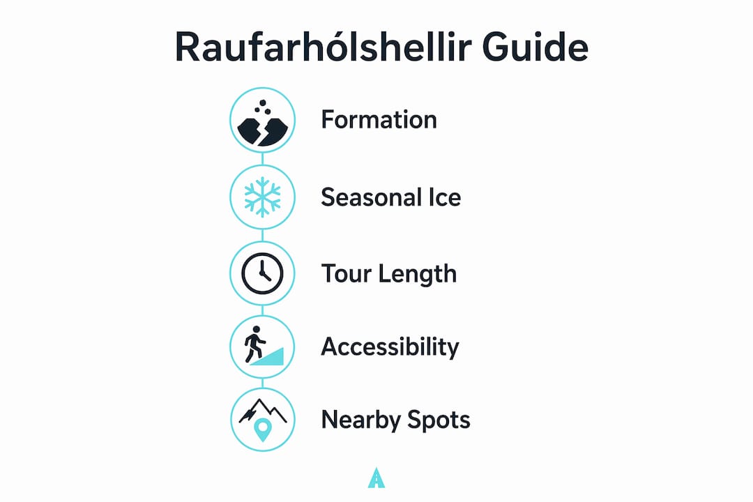 Infographic showing key features of Raufarhólshellir lava tunnel
