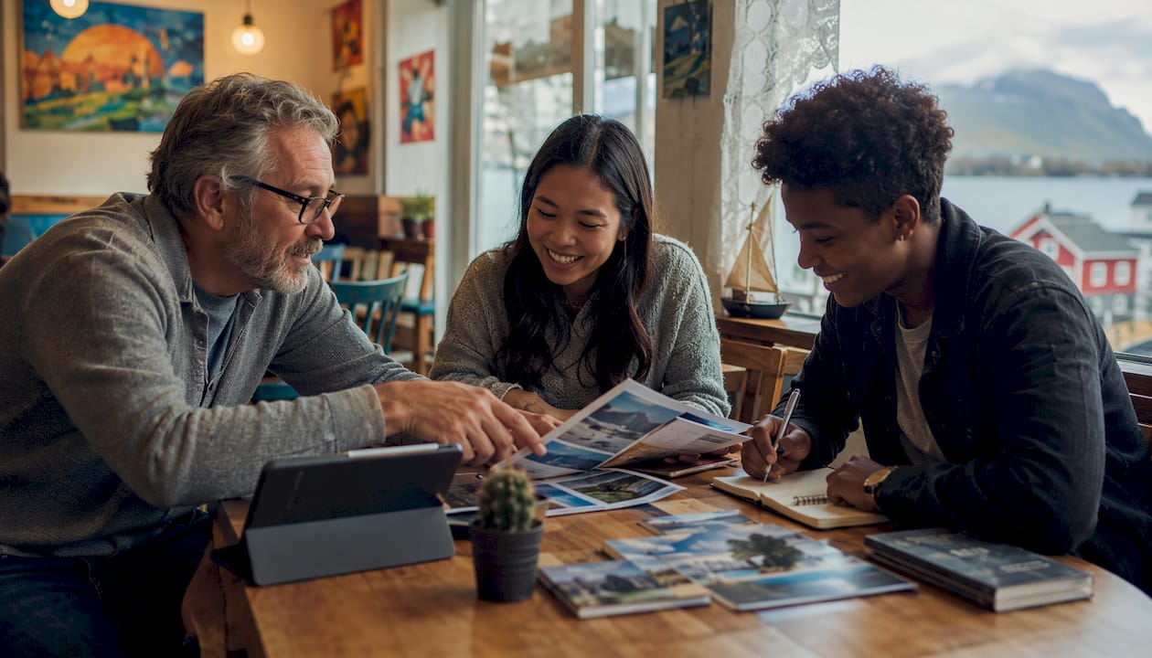Group planning travel itinerary in cottage kitchen