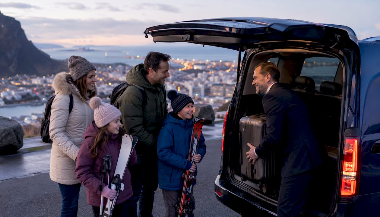 Driver loading luggage into private transfer van