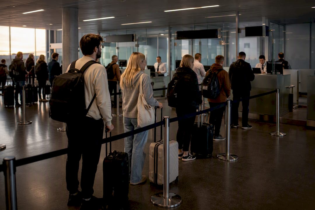 Travelers waiting at airport passport control