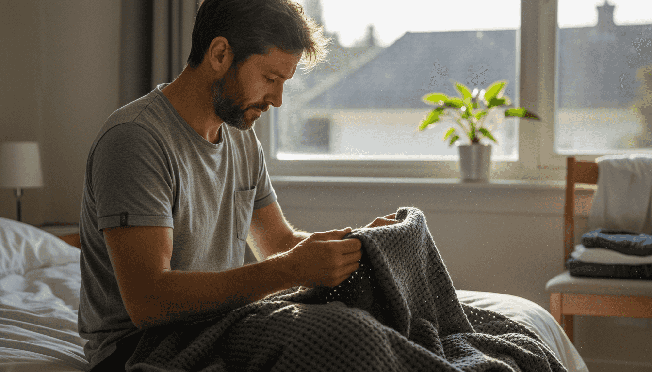 Man examining ventilated weighted blanket